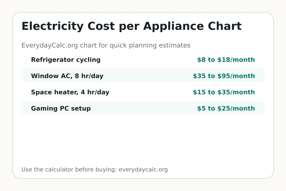 Electricity cost per appliance chart with wattage and monthly cost examples