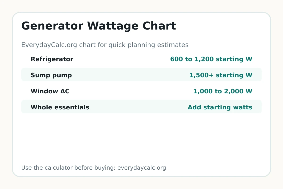 Generator wattage chart for common household loads